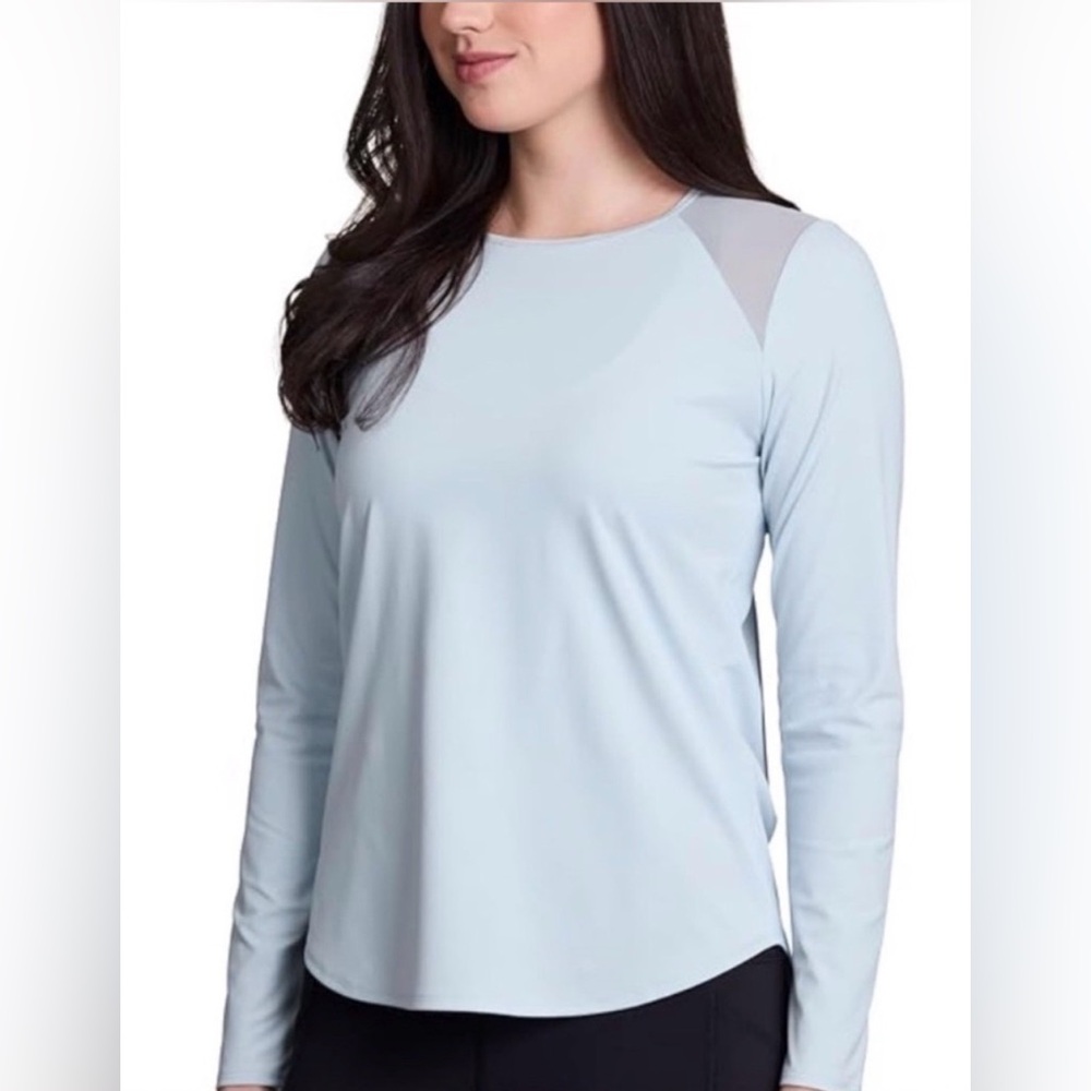 🆕 Yogalicious - Light Blue/Periwinkle Active Shirt, Mesh Panels & Flare Back